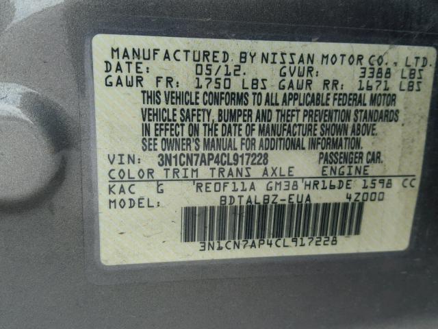 3N1CN7AP4CL917228 - 2012 NISSAN VERSA S GRAY photo 10