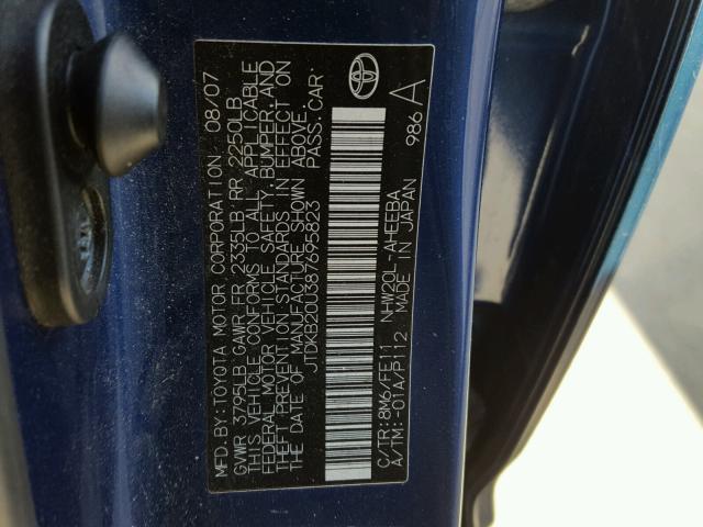 JTDKB20U387695823 - 2008 TOYOTA PRIUS BLUE photo 10