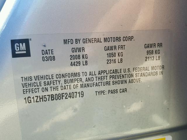 1G1ZH57B08F240719 - 2008 CHEVROLET MALIBU 1LT SILVER photo 10