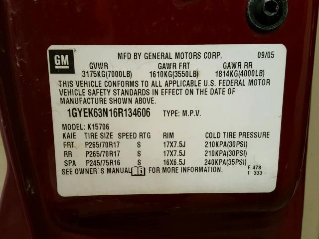 1GYEK63N16R134606 - 2006 CADILLAC ESCALADE L MAROON photo 10