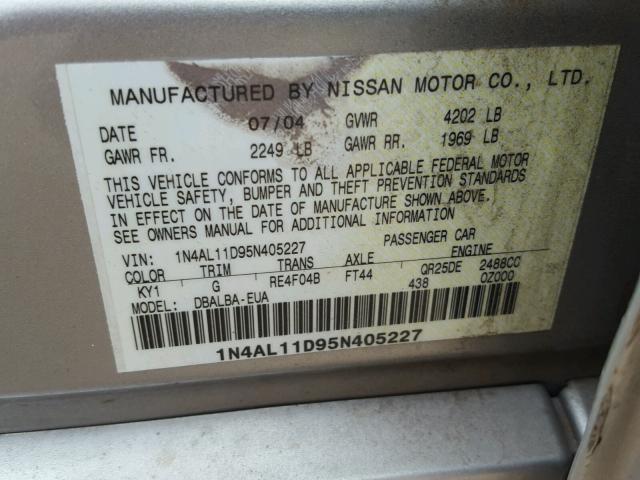 1N4AL11D95N405227 - 2005 NISSAN ALTIMA S SILVER photo 10