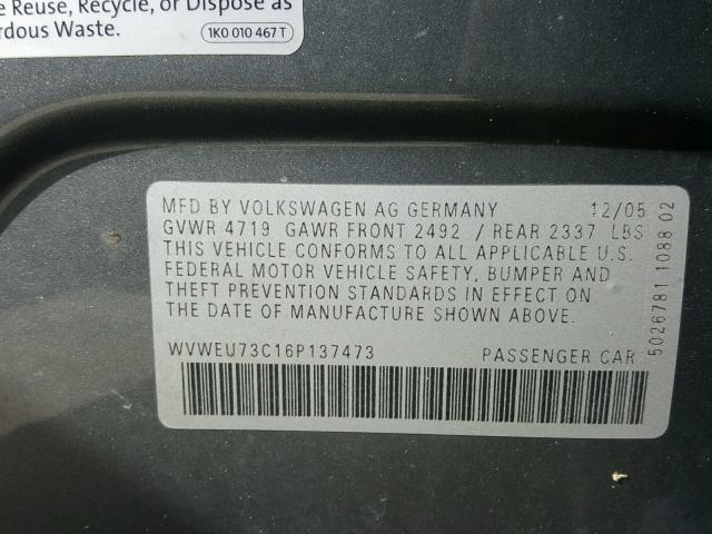 WVWEU73C16P137473 - 2006 VOLKSWAGEN PASSAT 3.6 GRAY photo 10