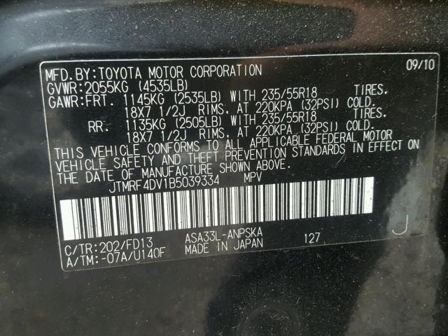 JTMRF4DV1B5039334 - 2011 TOYOTA RAV4 SPORT BLACK photo 10