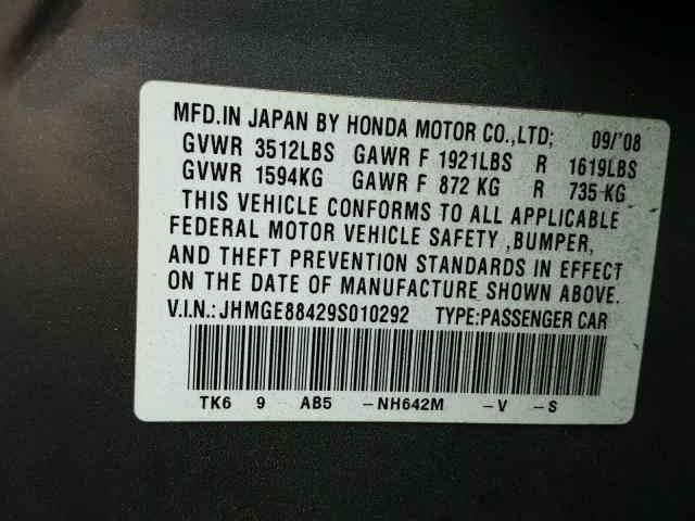 JHMGE88429S010292 - 2009 HONDA FIT SPORT GRAY photo 10