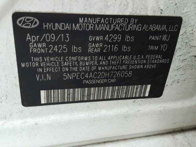 5NPEC4AC2DH726058 - 2013 HYUNDAI SONATA SE 白色 照片 10