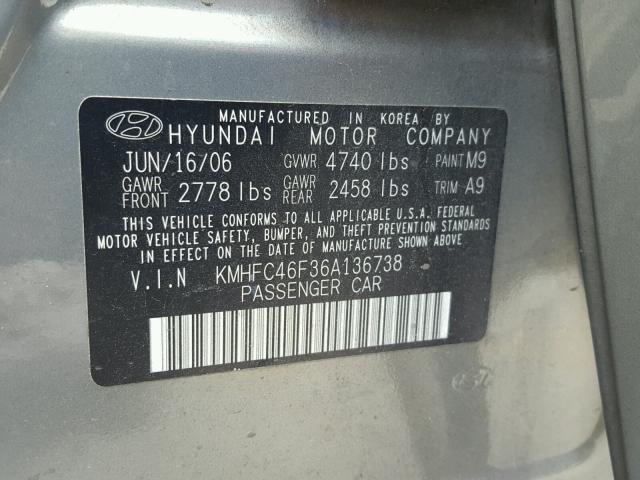 KMHFC46F36A136738 - 2006 HYUNDAI AZERA SE GREEN photo 10