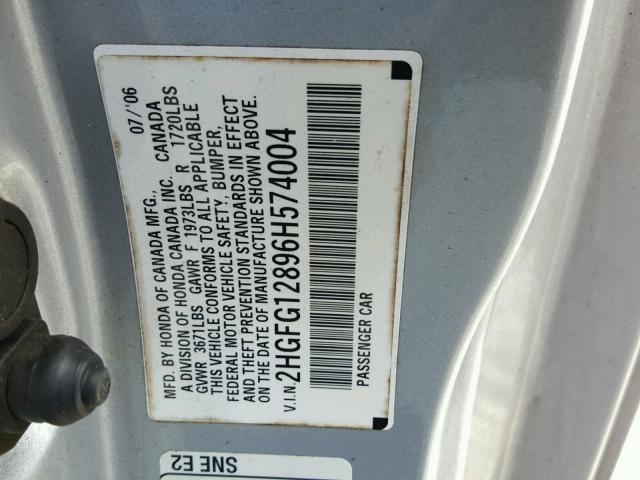 2HGFG12896H574004 - 2006 HONDA CIVIC EX SILVER photo 10