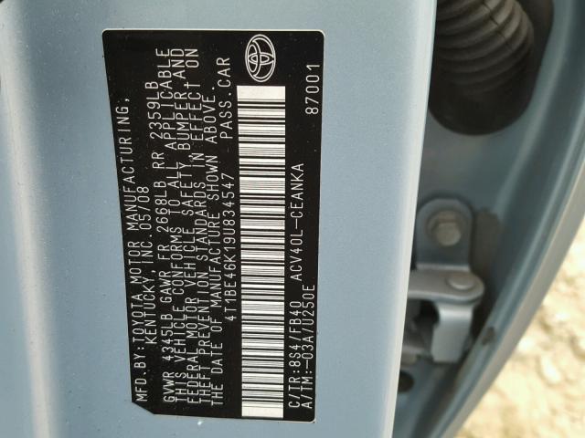 4T1BE46K19U834547 - 2009 TOYOTA CAMRY BASE BLUE photo 10