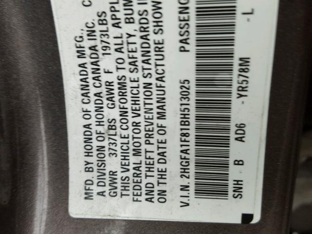 2HGFA1F81BH513025 - 2011 HONDA CIVIC EX 棕色 照片 10