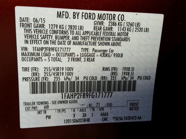 1FAHP2F89FG171777 - 2015 FORD TAURUS LIM MAROON photo 10