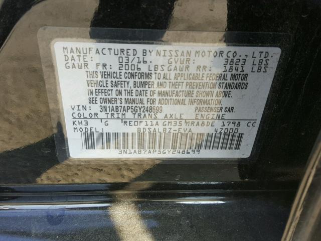 3N1AB7AP5GY248699 - 2016 NISSAN SENTRA S BLACK photo 10