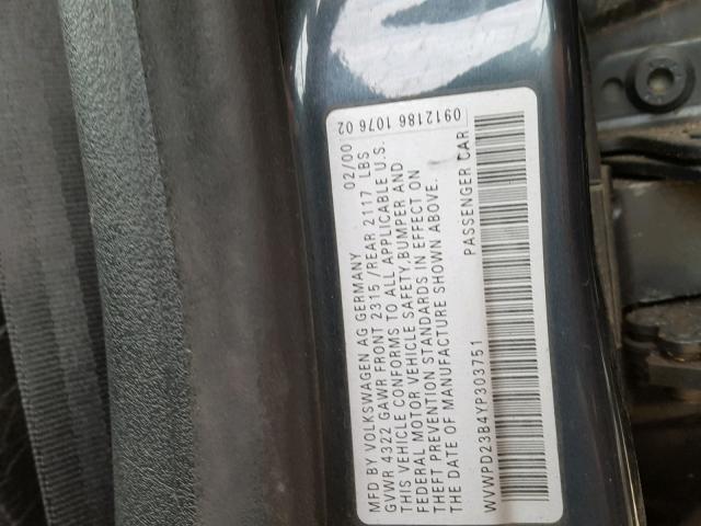 WVWPD23B4YP303751 - 2000 VOLKSWAGEN PASSAT GLX ნაცრისფერი ფოტო 10