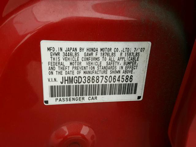 JHMGD38687S064586 - 2007 HONDA FIT S RED photo 10