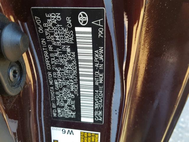 JTKDE167780236744 - 2008 TOYOTA SCION TC 勃艮第红 照片 10