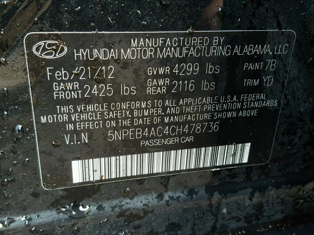 5NPEB4AC4CH478736 - 2012 HYUNDAI SONATA GLS BLACK photo 10