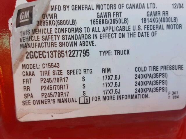 2GCEC13T851227795 - 2005 CHEVROLET SILVERADO RED photo 10