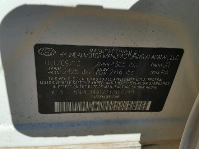 5NPEB4AC6EH826748 - 2014 HYUNDAI SONATA GLS WHITE photo 10