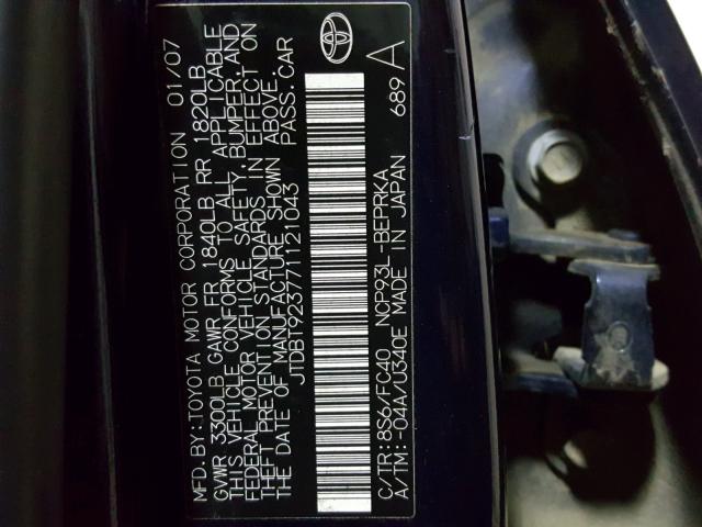 JTDBT923771121043 - 2007 TOYOTA YARIS BLUE photo 10