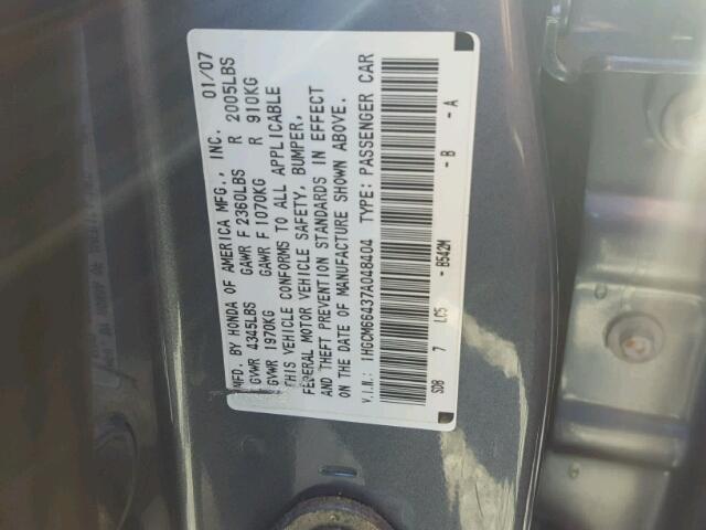 1HGCM66437A048404 - 2007 HONDA ACCORD SE BLUE photo 10