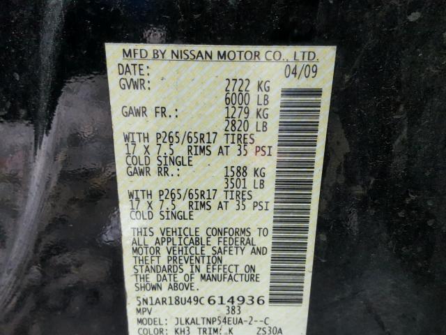 5N1AR18U49C614936 - 2009 NISSAN PATHFINDER BLACK photo 10