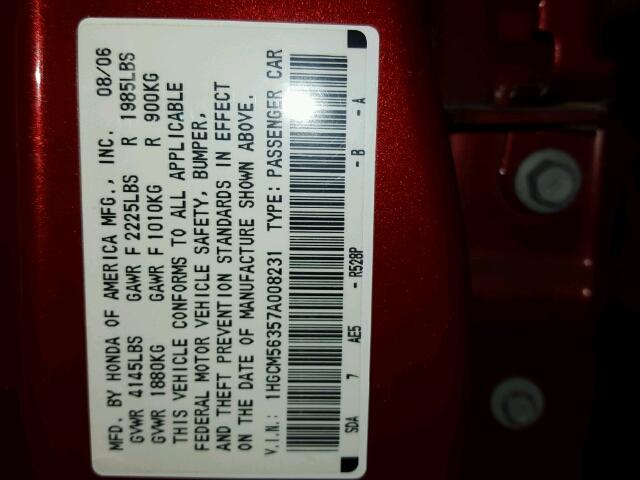 1HGCM56357A008231 - 2007 HONDA ACCORD SE RED photo 10