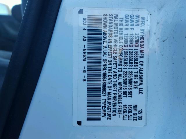 5FNRL18664B056027 - 2004 HONDA ODYSSEY EX WHITE photo 10