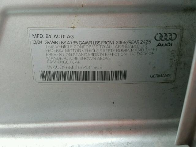 WAUDF68E45A431605 - 2005 AUDI A4 2.0T QU SILVER photo 10