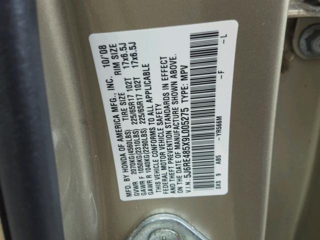 5J6RE485X9L005275 - 2009 HONDA CR-V EX BEIGE photo 10