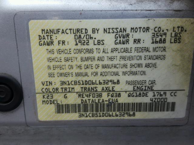 3N1CB51D06L632968 - 2006 NISSAN SENTRA 1.8 SILVER photo 10