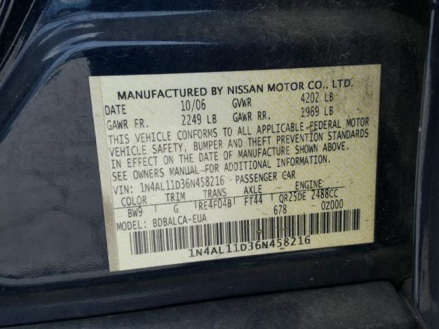 1N4AL11D36N458216 - 2006 NISSAN ALTIMA S BLACK photo 10