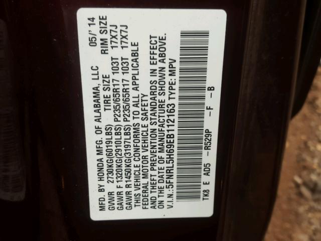 5FNRL5H69EB112163 - 2014 HONDA ODYSSEY EX BURGUNDY photo 10