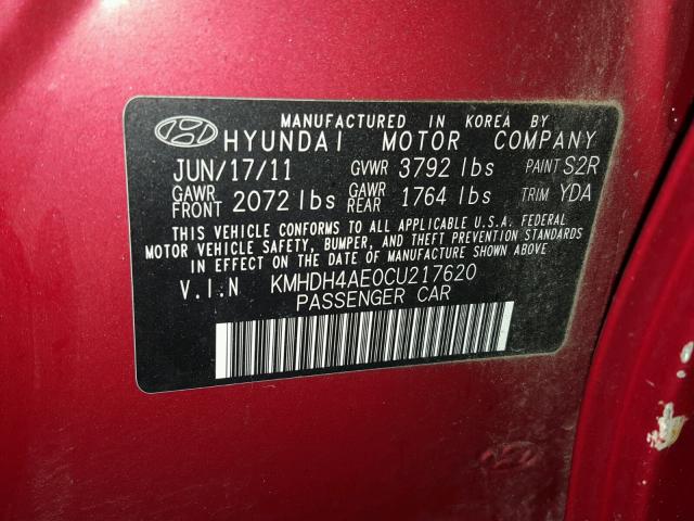 KMHDH4AE0CU217620 - 2012 HYUNDAI ELANTRA GL RED photo 10