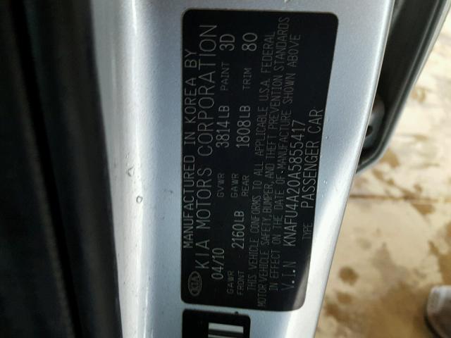 KNAFU4A20A5855417 - 2010 KIA FORTE EX SILVER photo 10