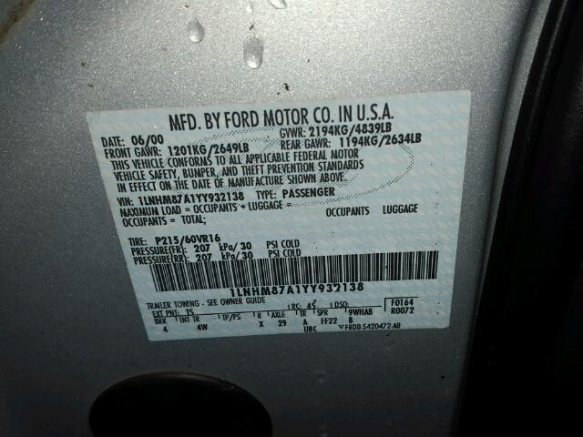 1LNHM87A1YY932138 - 2000 LINCOLN LS Gümüş foto 10