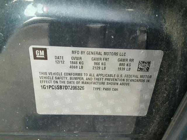 1G1PC5SB7D7206326 - 2013 CHEVROLET CRUZE LT GRAY photo 10