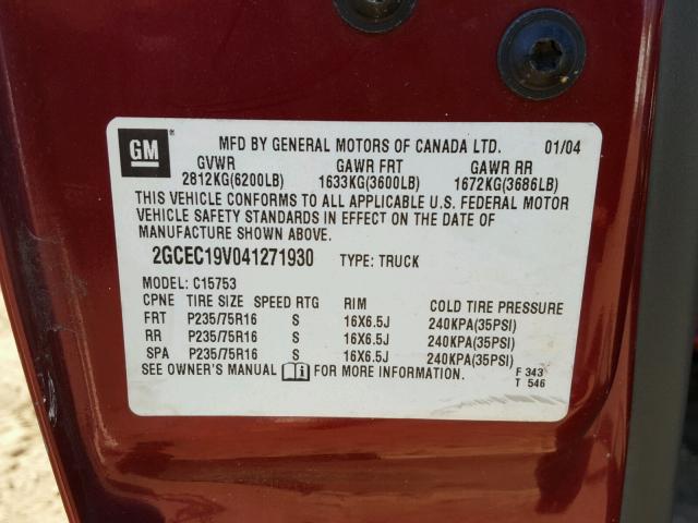 2GCEC19V041271930 - 2004 CHEVROLET SILVERADO BURGUNDY photo 10