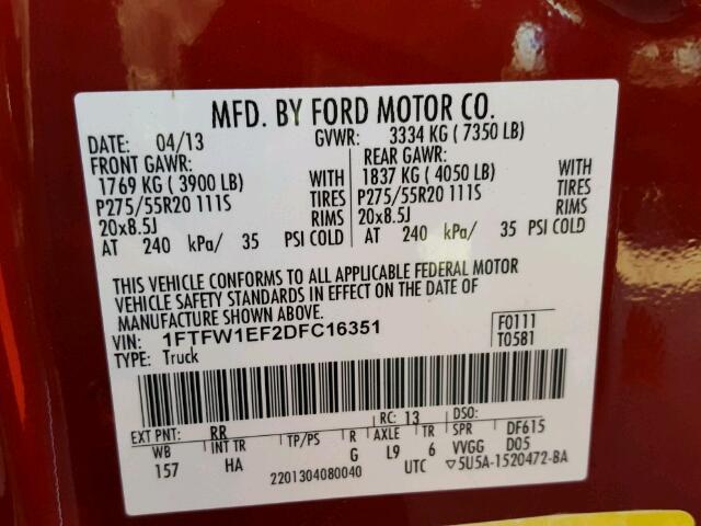 1FTFW1EF2DFC16351 - 2013 FORD F150 SUPER RED photo 10