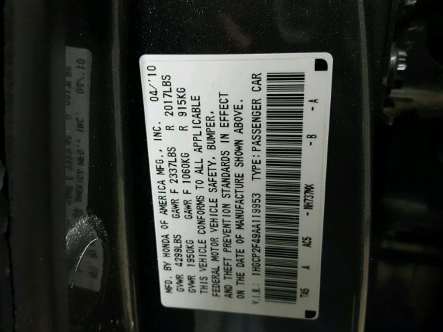 1HGCP2F49AA119953 - 2010 HONDA ACCORD LXP GRAY photo 10