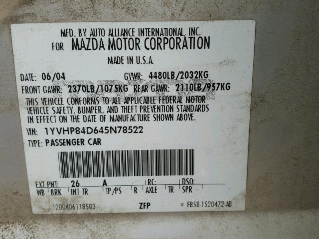 1YVHP84D645N78522 - 2004 MAZDA 6 S SILVER photo 10