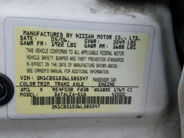 3N1CB51D36L585547 - 2006 NISSAN SENTRA 1.8 WHITE photo 10