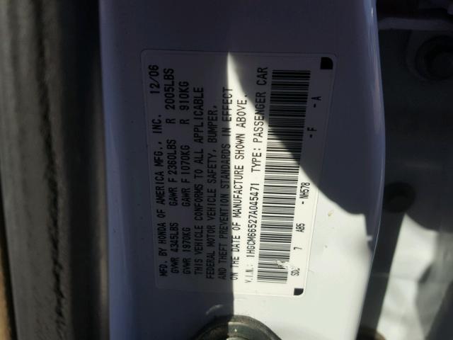 1HGCM66527A045471 - 2007 HONDA ACCORD EX WHITE photo 10