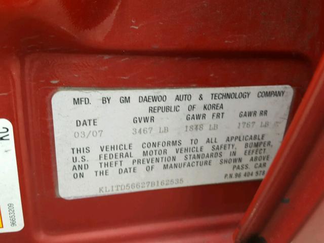 KL1TD56627B162535 - 2007 CHEVROLET AVEO BASE 红色 照片 10