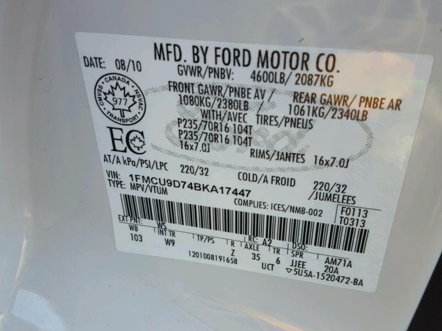 1FMCU9D74BKA17447 - 2011 FORD ESCAPE XLT WHITE photo 10