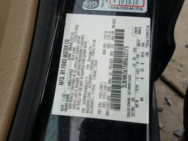 3LNHM26TX8R632175 - 2008 LINCOLN MKZ BLACK photo 10