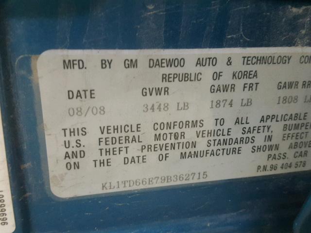 KL1TD66E79B362715 - 2009 CHEVROLET AVEO LS TEAL photo 10