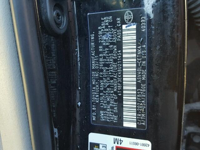 4T1BF3EK4BU211454 - 2011 TOYOTA CAMRY BASE BLACK photo 10