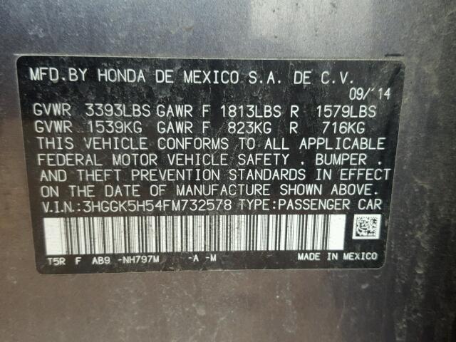 3HGGK5H54FM732578 - 2015 HONDA FIT LX Gri fotoğraf 10