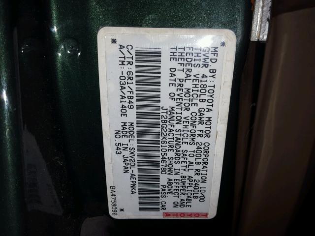 JT2BG22K610546780 - 2001 TOYOTA CAMRY CE GREEN photo 10