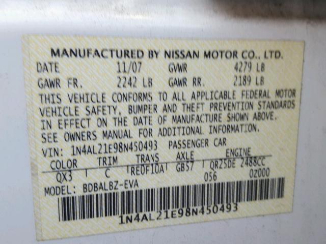 1N4AL21E98N450493 - 2008 NISSAN ALTIMA 2.5 WHITE photo 10