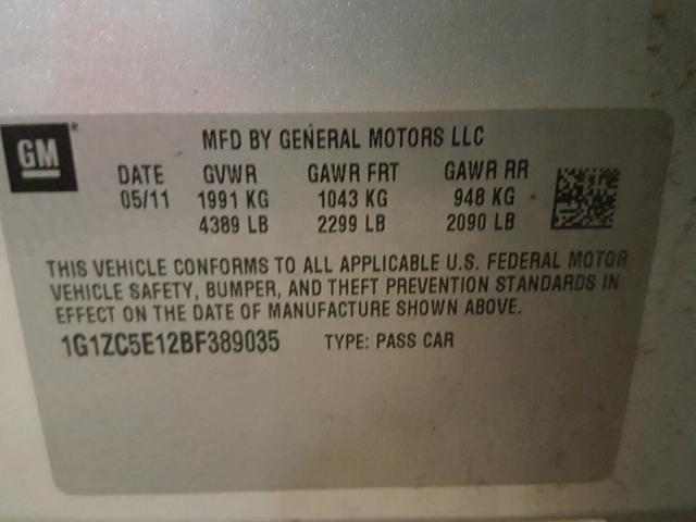 1G1ZC5E12BF389035 - 2011 CHEVROLET MALIBU 1LT ვერცხლისფერი ფოტო 10